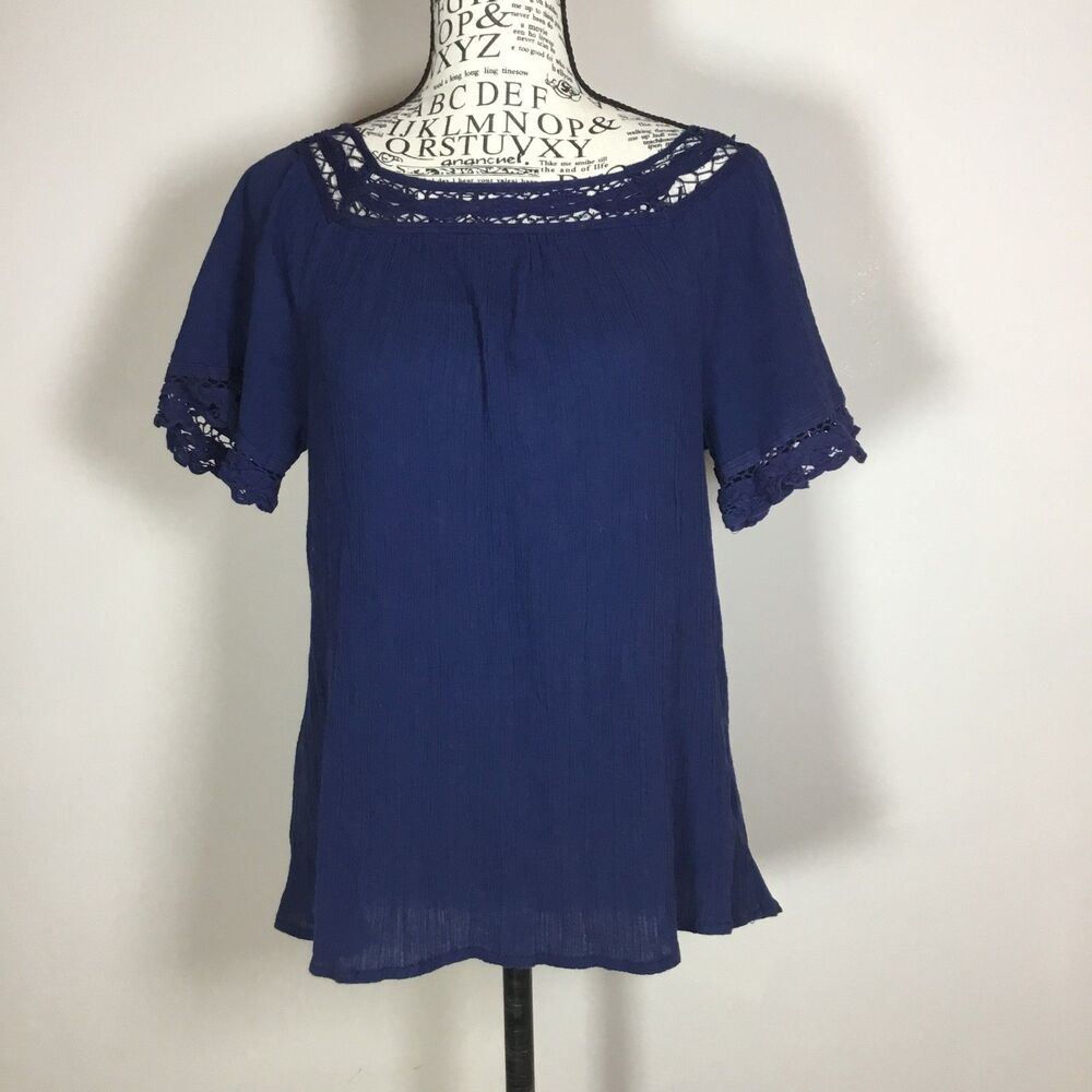 Navy blue 100% cotton top crinkle fabric crochet edges square neck and sleeves L
